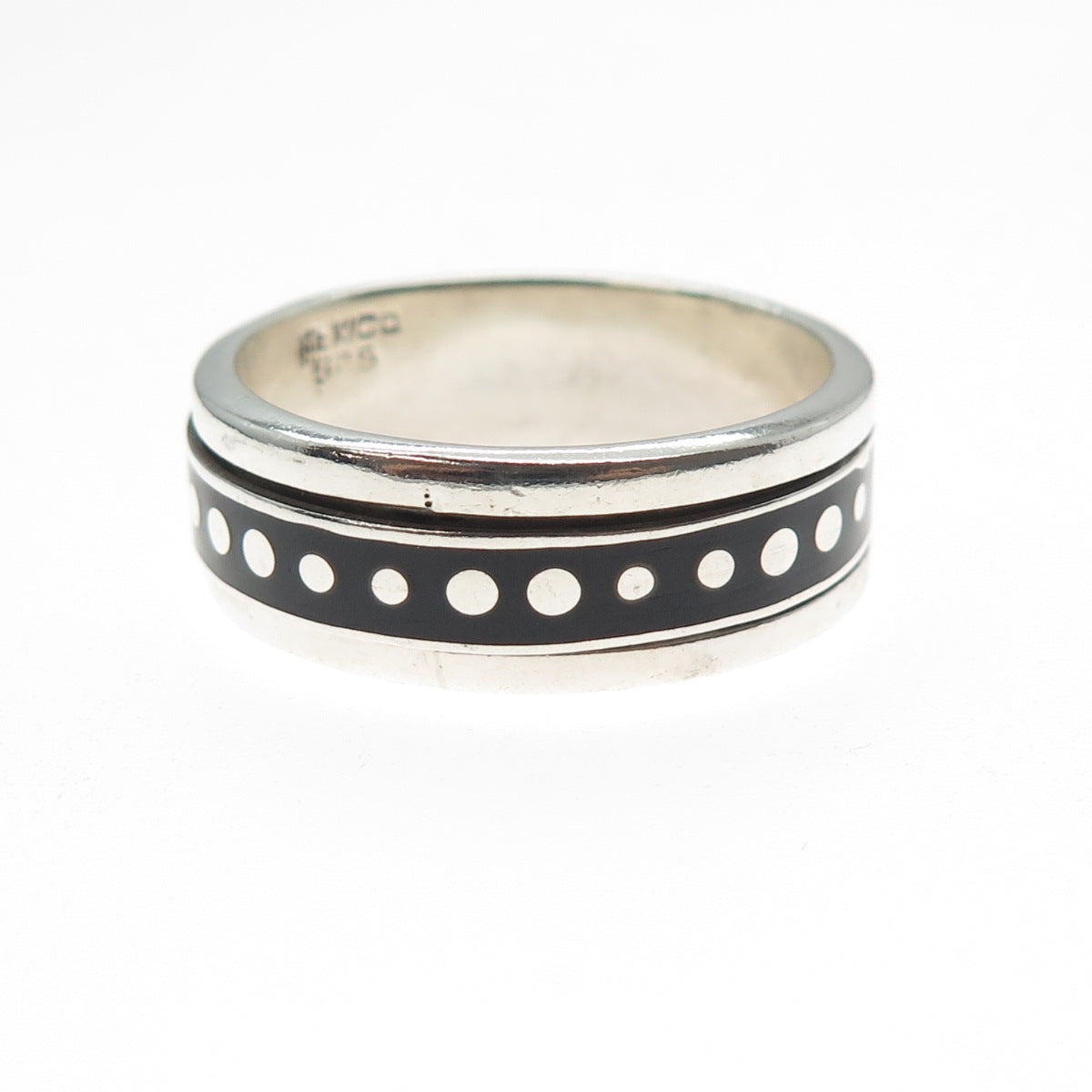 925 Sterling Silver Vintage Mexico Enamel Rotating Dotted Band Ring Size 15