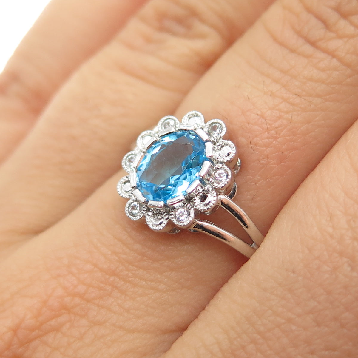 JANE SEYMOUR 925 Sterling Silver Real Blue & White Topaz Ring Size 6.75