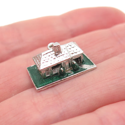 925 Sterling Silver Vintage Enamel House 3D Mini Charm Pendant