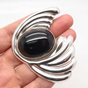 925 Sterling Silver Vintage Mexico Real Black Gem Ribbed Modernist Pin Brooch