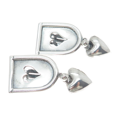 925 Sterling Vintage Mexico Modernist Heart Oxidized Clip On Dangle Earrings