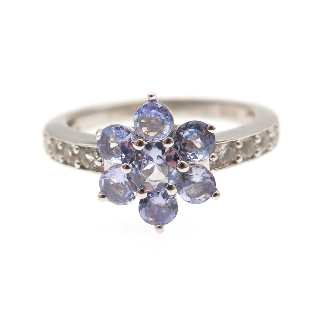 925 Sterling Silver Real Tanzanite & White Topaz Floral Ring Size 7.25
