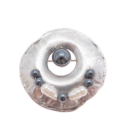 NINOS CHAMMO 925 Sterling Vintage Real Hematite Pearl Pin Brooch / Slide Pendant