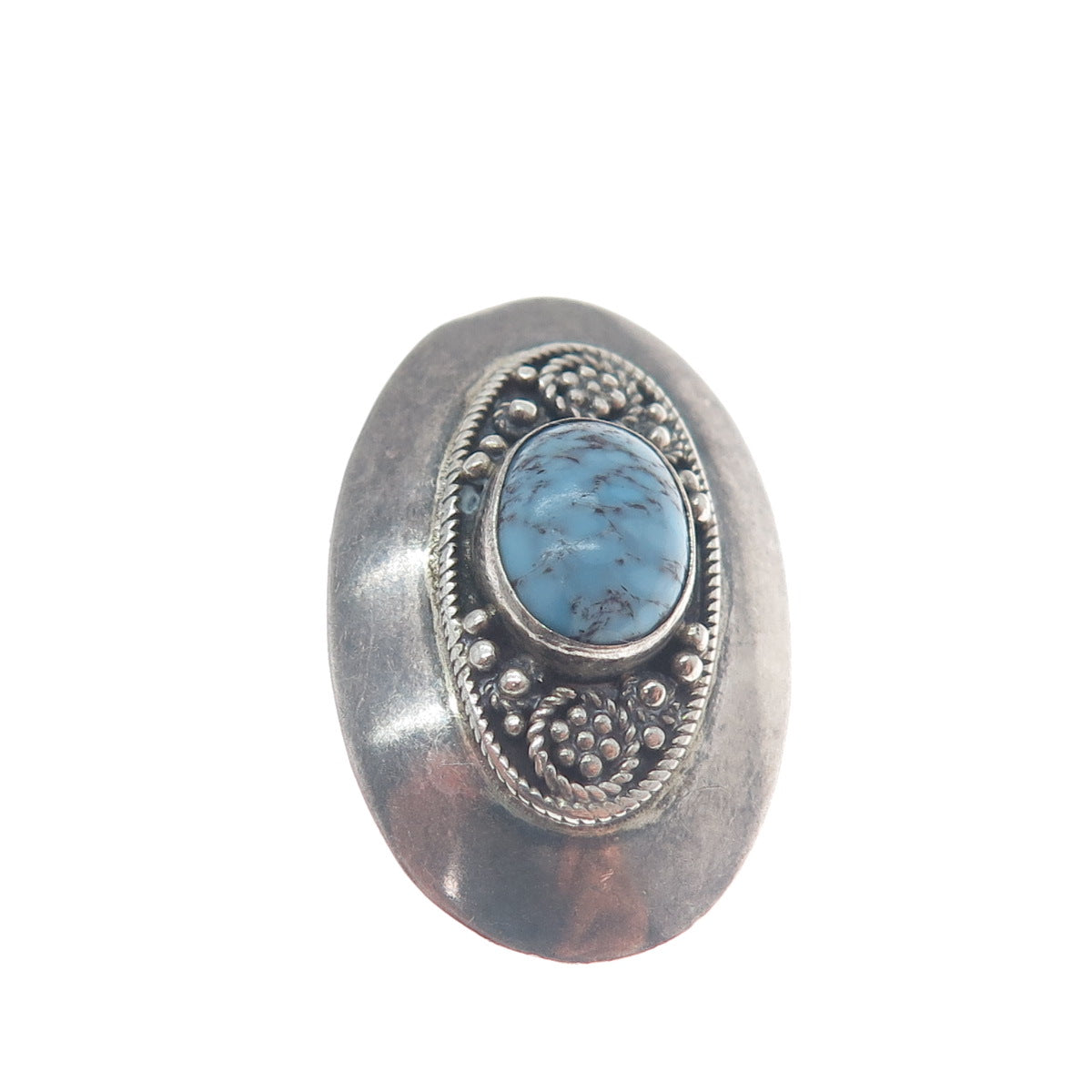 935 Silver Vintage Israel Faux Turquoise Beaded Oxidized Oval Pin Brooch