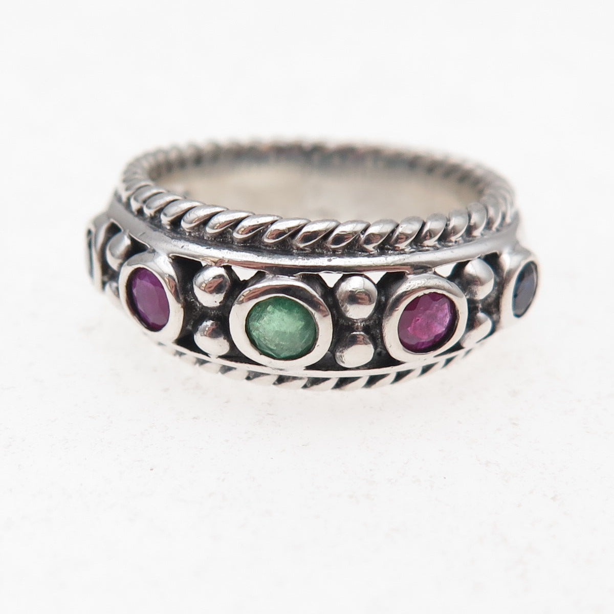 CNA Pranda 925 Sterling Silver Vintage Real Emerald Sapphire Ruby Ring Size 6.25