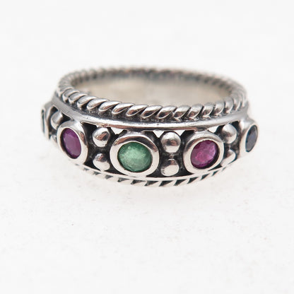 CNA Pranda 925 Sterling Silver Vintage Real Emerald Sapphire Ruby Ring Size 6.25