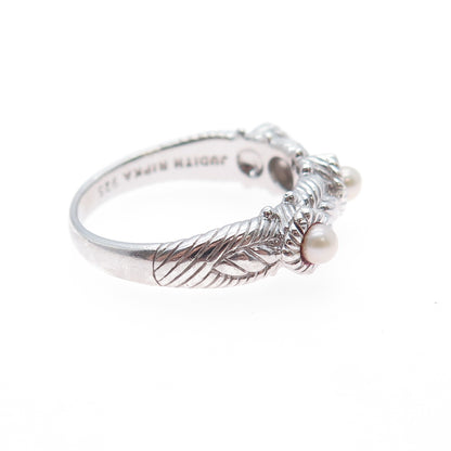 JUDITH RIPKA 925 Sterling Silver Real Pearl 3-Station Ring Size 10