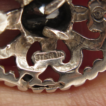 JEZLAINE 925 Sterling Silver Vintage Real Black Spinel Ornate Pendant