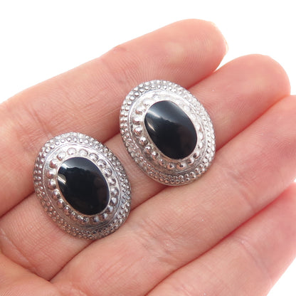 925 Sterling Silver Vintage Real Black Onyx Beaded Oxidized Earrings