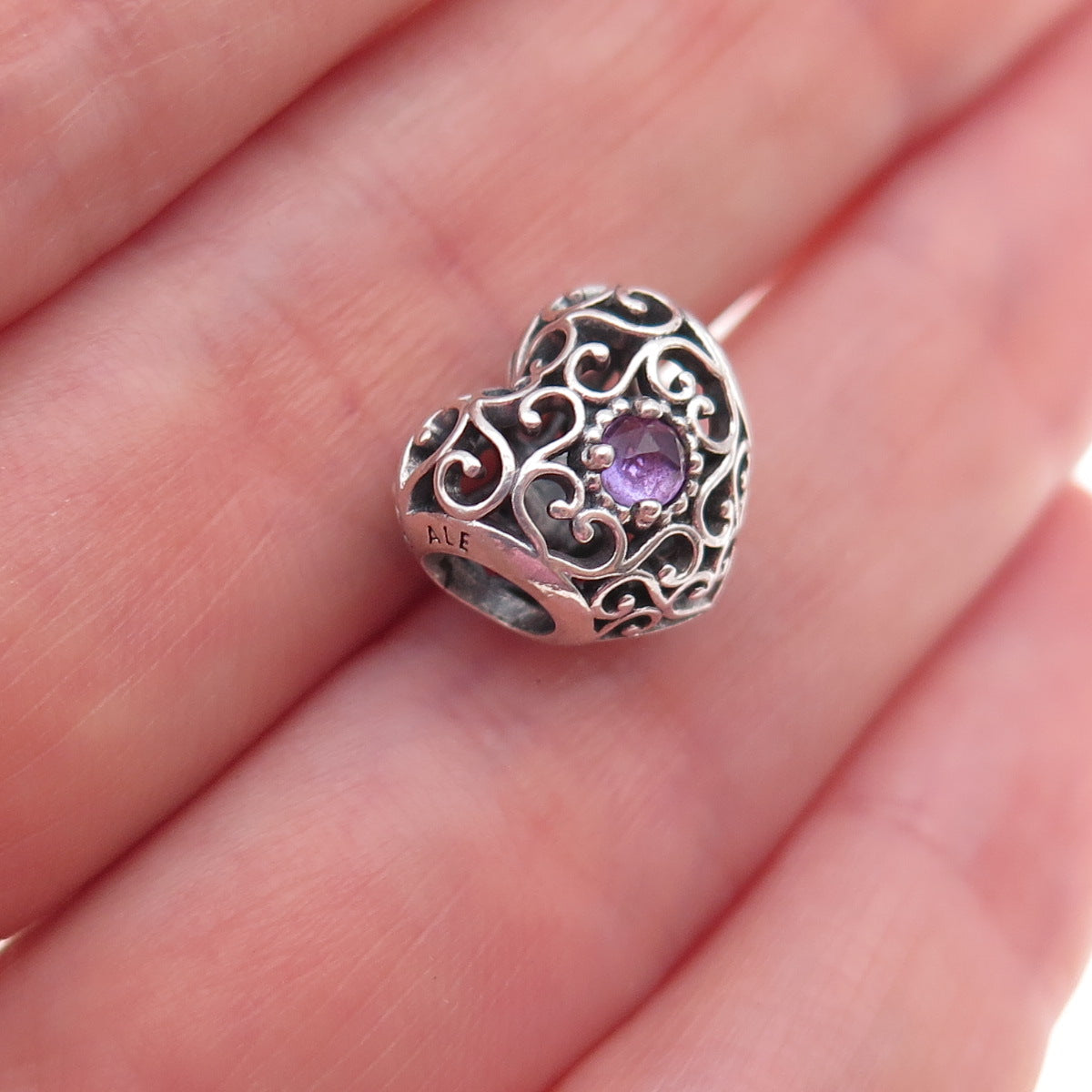 Pandora Sterling Silver Real Amethyst February Signature Heart Slide Bead Charm