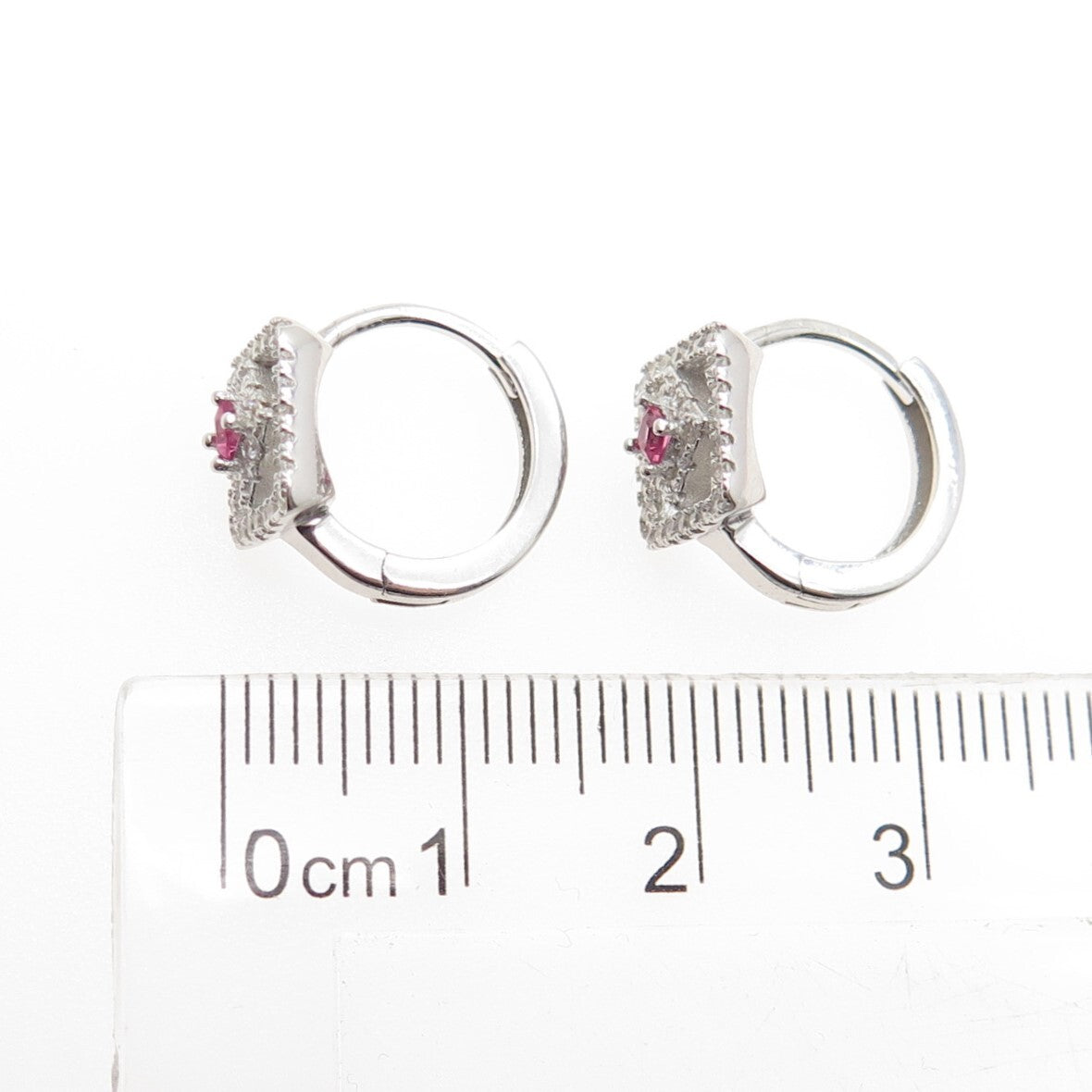 925 Sterling Silver Pink Princess-Cut & White Round-Cut Shaped C Z Hoop Earrings