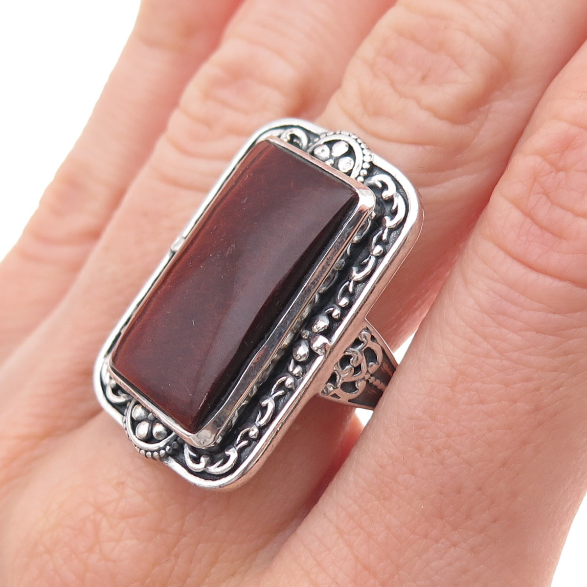 RJ Graziano 925 Sterling Silver Vintage Real Tiger Eye Oxidized Ring Size 7.25