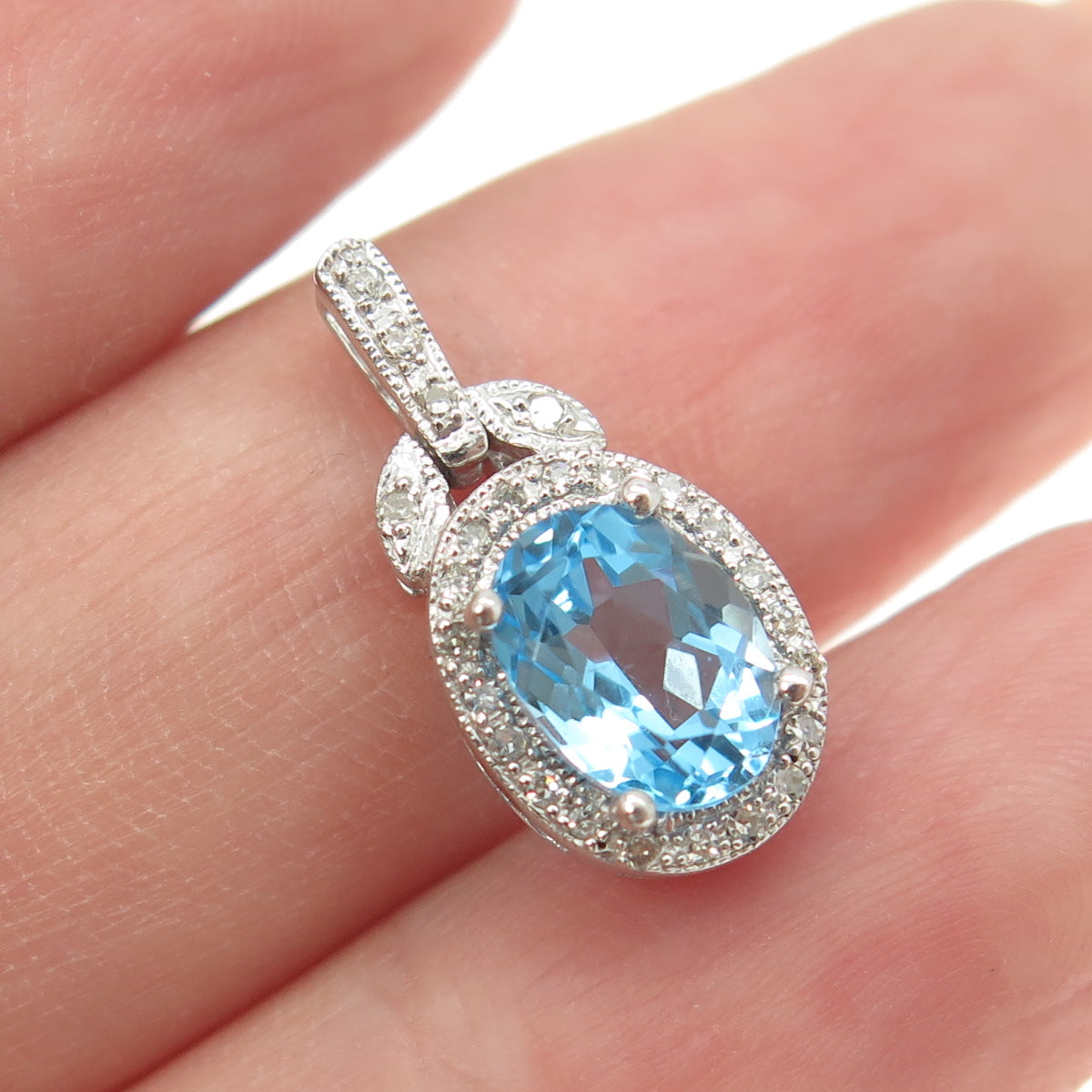 SAI 925 Sterling Silver Real Round-Cut Diamond & Oval-Cut Blue Topaz Pendant