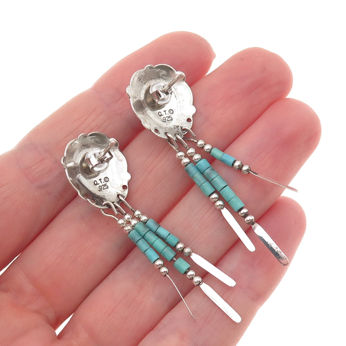 Quoc Turquoise Old Pawn 925 Sterling Silver Vintage Southwestern Dangle Earrings