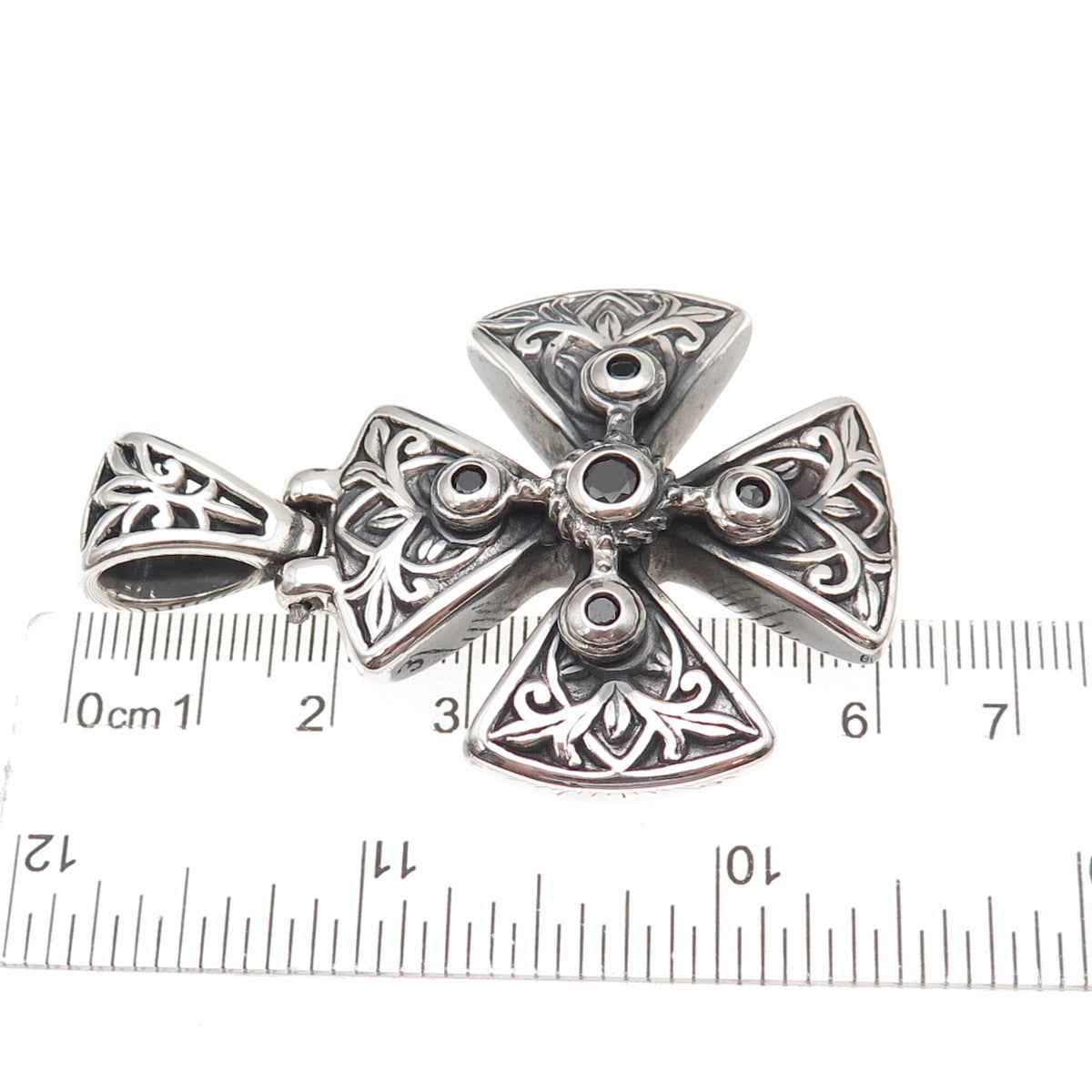 925 Sterling Silver Vintage Real Black Spinel Maltese Cross Oxidized Pendant