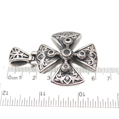 925 Sterling Silver Vintage Real Black Spinel Maltese Cross Oxidized Pendant