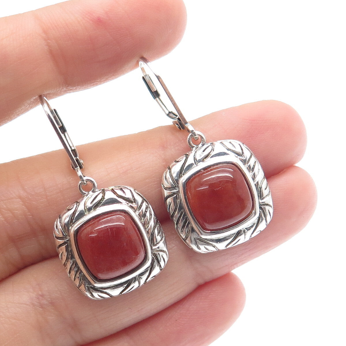 ROSS SIMONS 925 Sterling Silver Vintage Real Red Jade Cushion Dangle Earrings