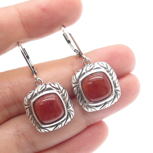 ROSS SIMONS 925 Sterling Silver Vintage Real Red Jade Cushion Dangle Earrings