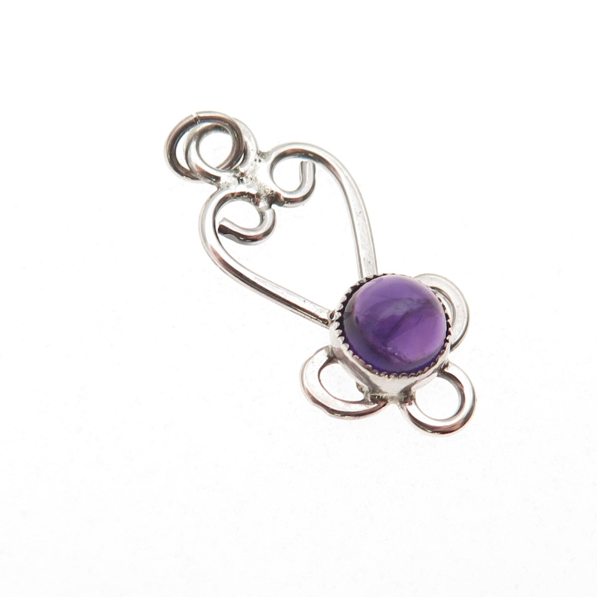 925 Sterling Silver Vintage Real Amethyst Heart Ornate Charm Pendant