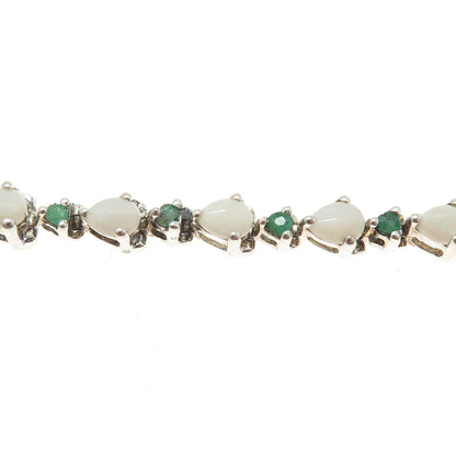 925 Sterling Silver Real Round-Cut Emerald & Pear-Cut Opal Bracelet 7"