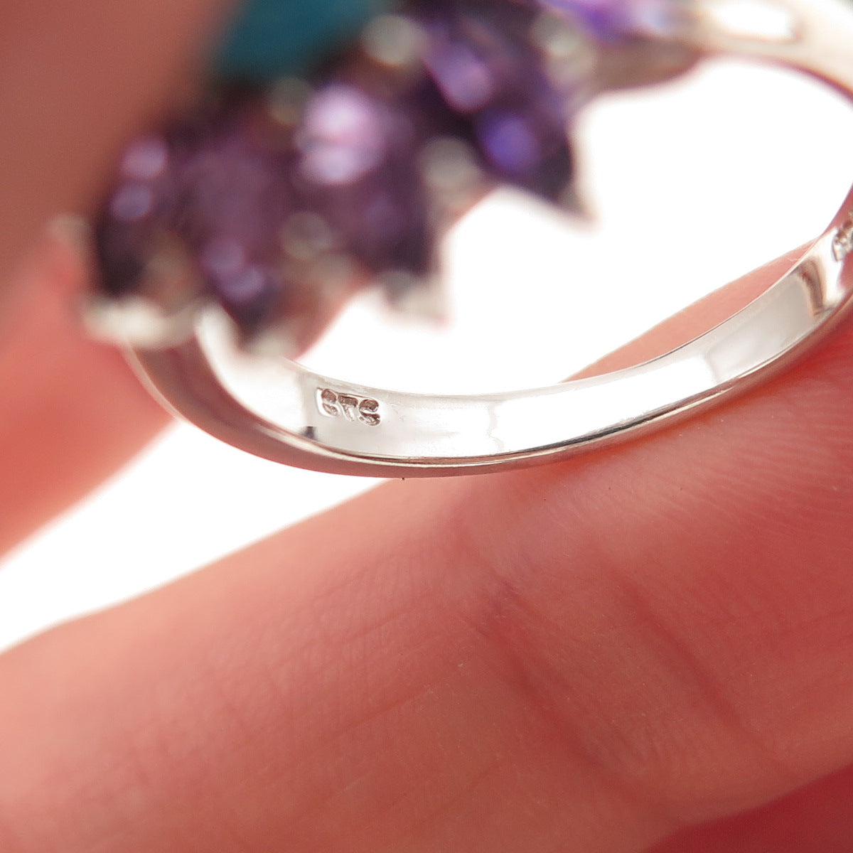 Chuck Clemency 925 Sterling Silver Real Turquoise & Amethyst Floral Ring Size 8