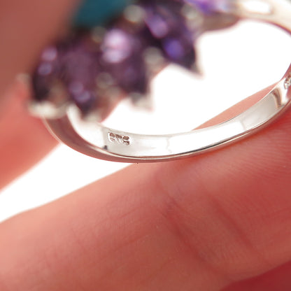 Chuck Clemency 925 Sterling Silver Real Turquoise & Amethyst Floral Ring Size 8