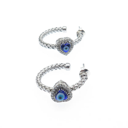 925 Sterling Silver Real Diamond & Murano Glass Evil's Eye Woven Hoop Earrings