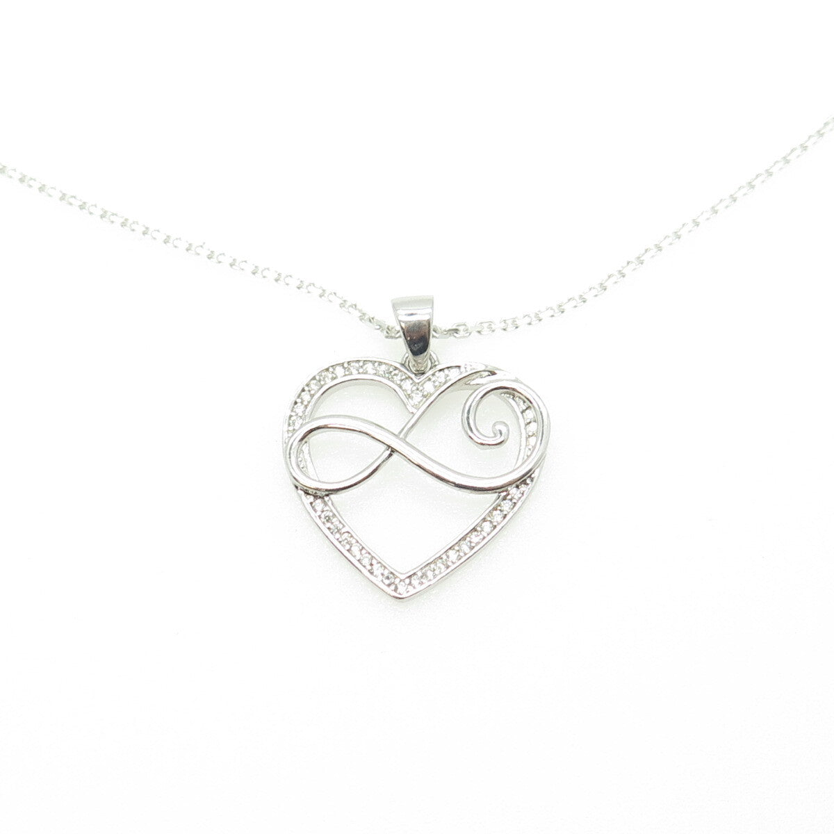 HAN 925 Sterling Silver Italy White C Z Infinity Heart Cable Chain Necklace 16"