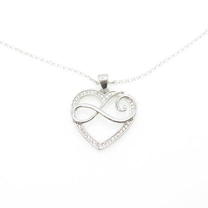 HAN 925 Sterling Silver Italy White C Z Infinity Heart Cable Chain Necklace 16"