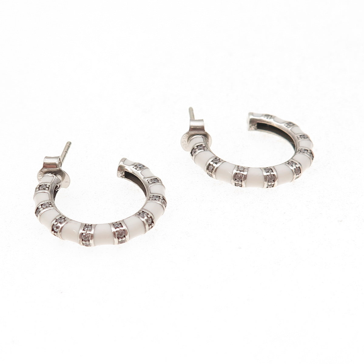 925 Sterling Silver Enamel & C Z Bamboo Hoop Earrings