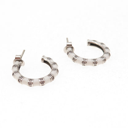 925 Sterling Silver Enamel & C Z Bamboo Hoop Earrings