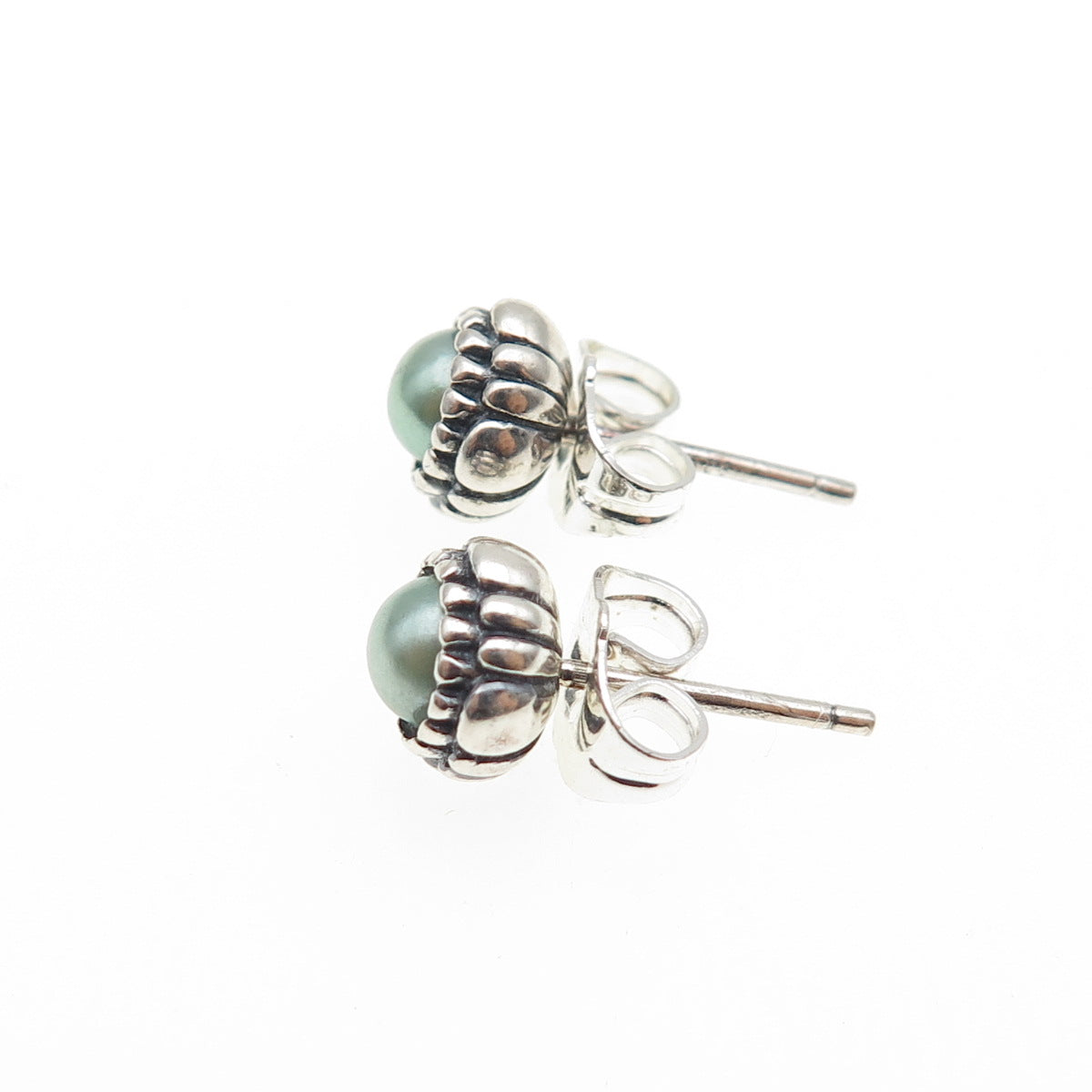 925 Sterling Silver Faux Pearl Oxidized Stud Earrings