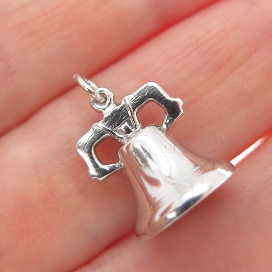 925 Sterling Silver Antique Art Deco Liberty Bell Minimalist 3D Charm Pendant