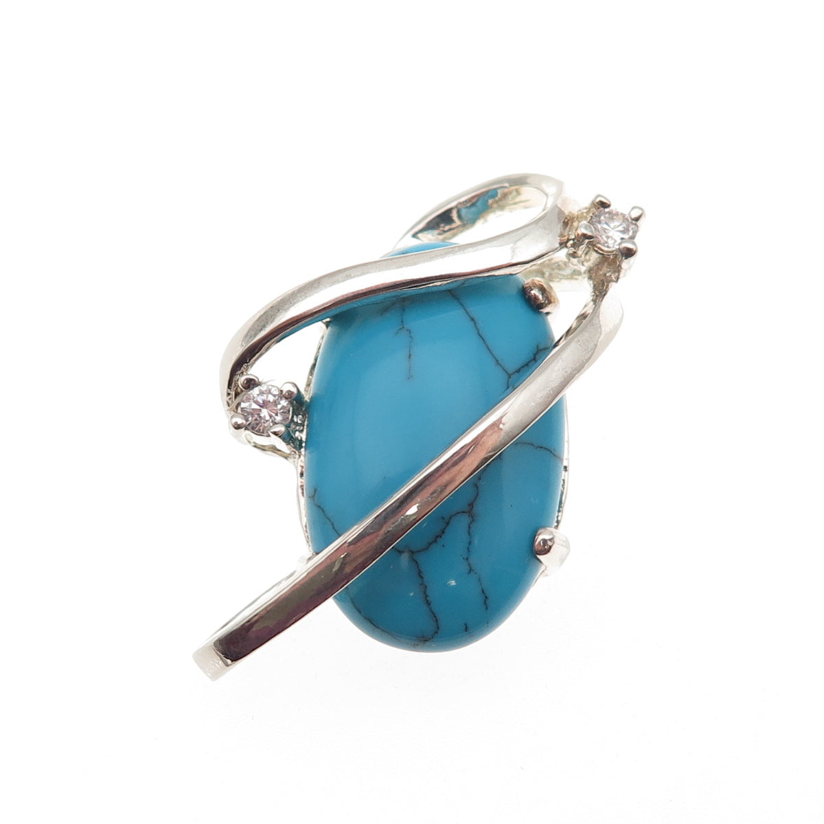 925 Sterling Silver Vintage Real Turquoise & C Z Modernist Slide Pendant
