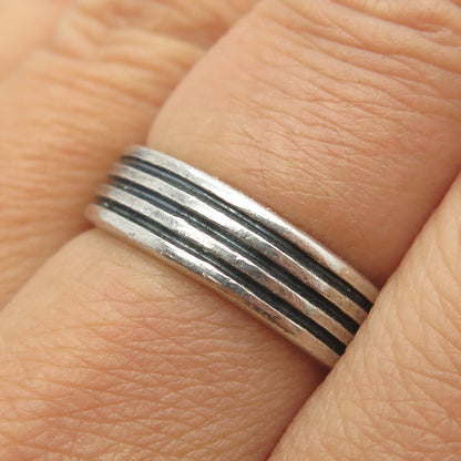 925 Sterling Silver Vintage Mexico Multi-Lined Oxidized Band Ring Size 8.25