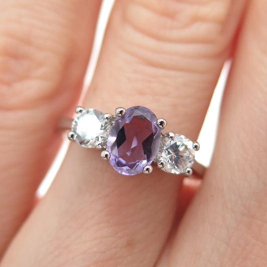 925 Sterling Silver Real Oval-Cut Amethyst & Round-Cut C Z Ring Size 5
