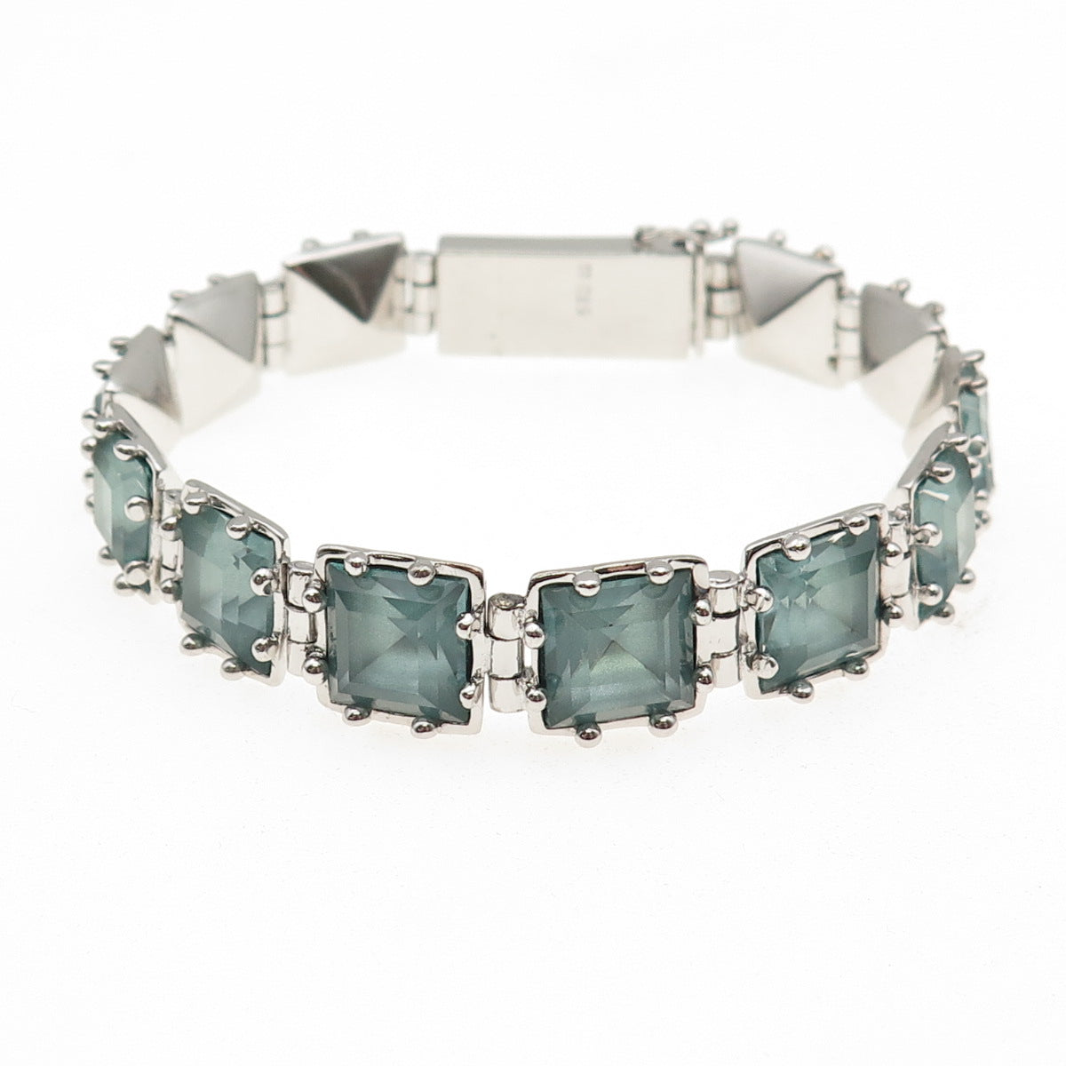 925 Sterling Silver Vintage Asscher-Cut Blue Rhinestone Bracelet 7.25"