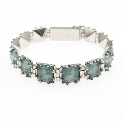 925 Sterling Silver Vintage Asscher-Cut Blue Rhinestone Bracelet 7.25"