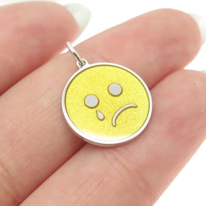 925 Sterling Silver Yellow Enamel Crying Face Emoji Minimalist Charm Pendant