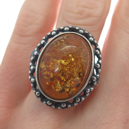 925 Sterling Silver Vintage Poland Real Baltic Amber Modernist Ring Size 8.25