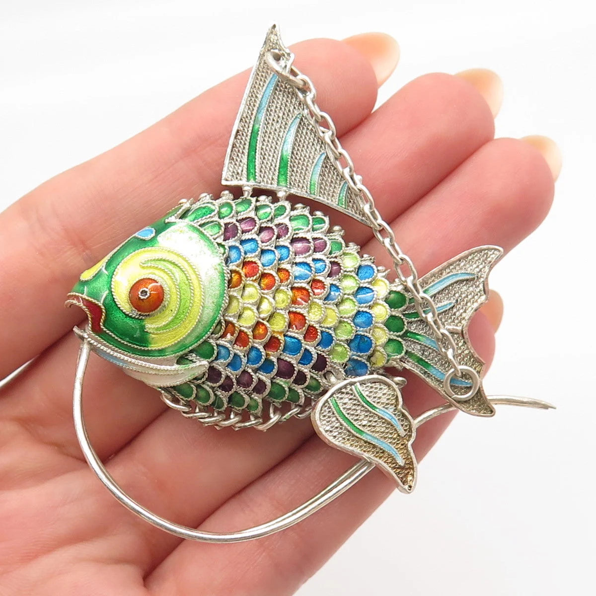 925 Sterling Silver Enamel Antique Chinese Koi Fish Articulated Fob / Pendant