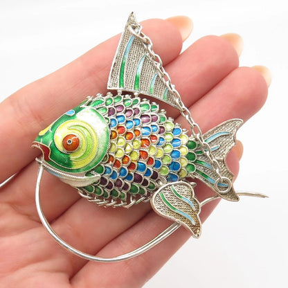 925 Sterling Silver Enamel Antique Chinese Koi Fish Articulated Fob / Pendant