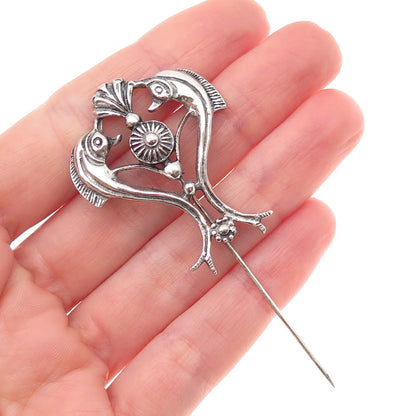 925 Sterling Silver Vintage Dolphin Heart Oxidized Lapel Pin