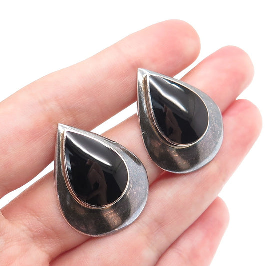 BOMA 925 Sterling Silver Vintage Black Onyx Modernist Oxidized Teardrop Earrings