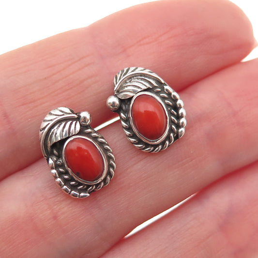 Old Pawn 925 Sterling Silver Vintage Southwestern Coral Feather Stud Earrings