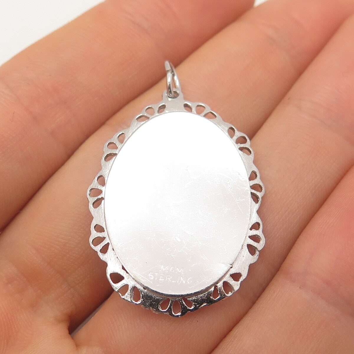 925 Sterling Silver Vintage M & M Blue Glass Floral Pendant