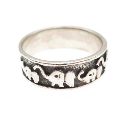 925 Sterling Silver Vintage Mom & Chid Elephant Oxidized Band Ring Size 10.75