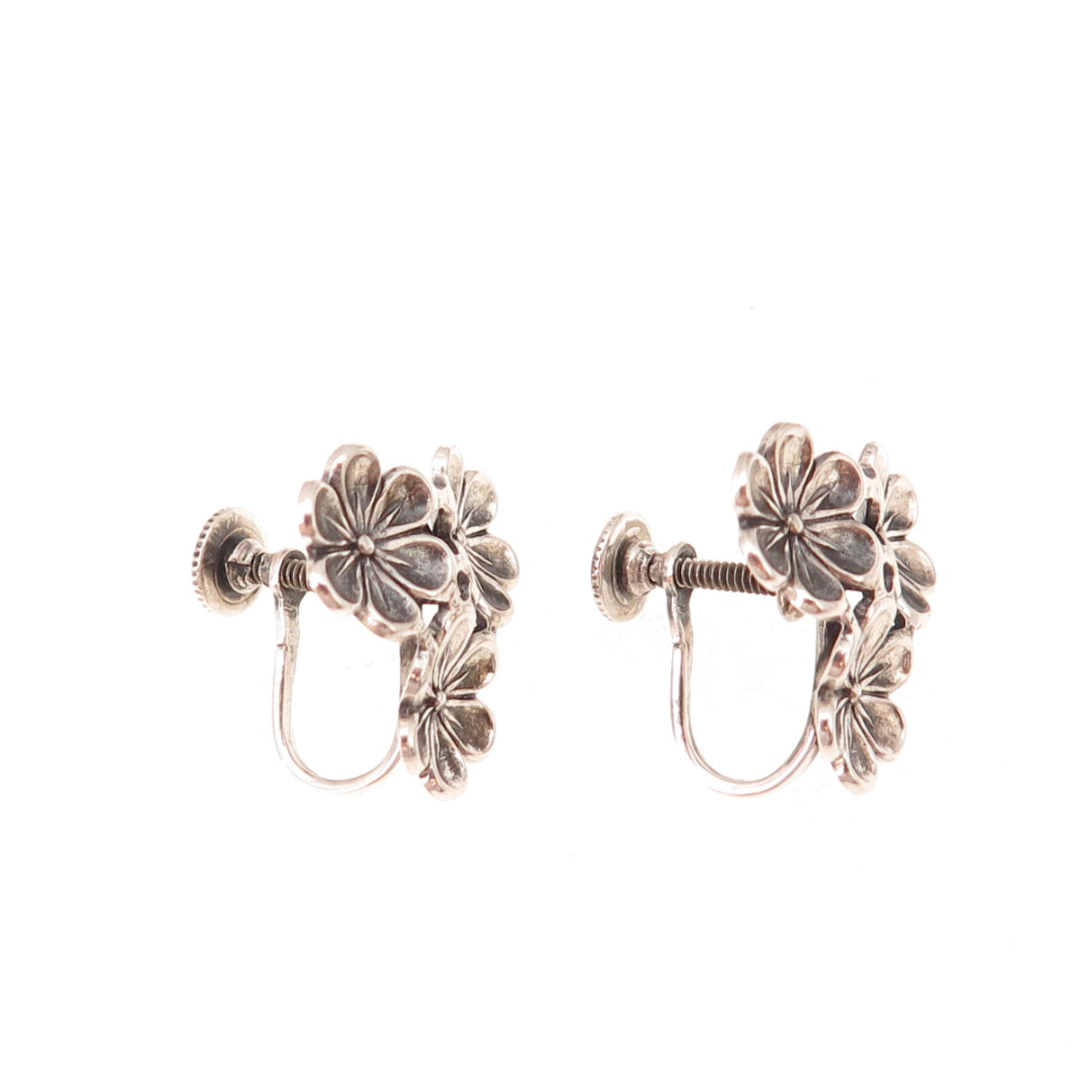 Beau 925 Sterling Silver Antique Art Deco Floral Oxidized Screw Back Earrings
