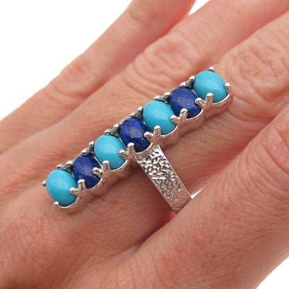 925 Sterling Silver Real Cabochon Turquoise & Lapis Bar Ring Size 8.25