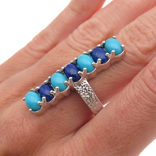 925 Sterling Silver Real Cabochon Turquoise & Lapis Bar Ring Size 8.25